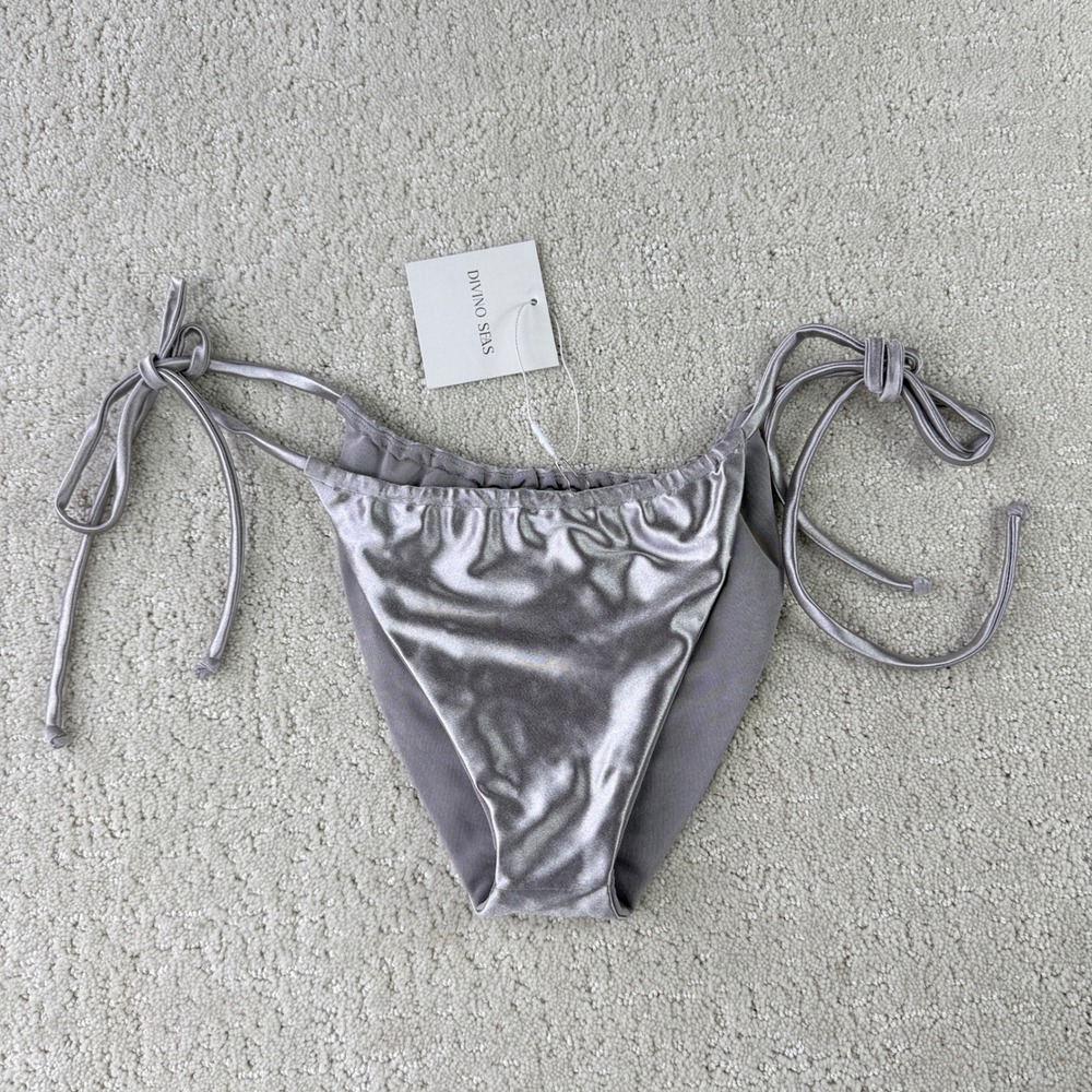 Divino Seas Inika Bikini Bottom Womens XS Silver Metallic Side Tie Cheeky